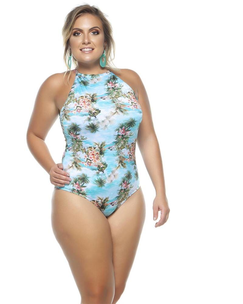Front of a model wearing a size 18 Maragogi Swimsuit With Choker And Padded Cups in Blue by Lehona. | dia_product_style_image_id:267435